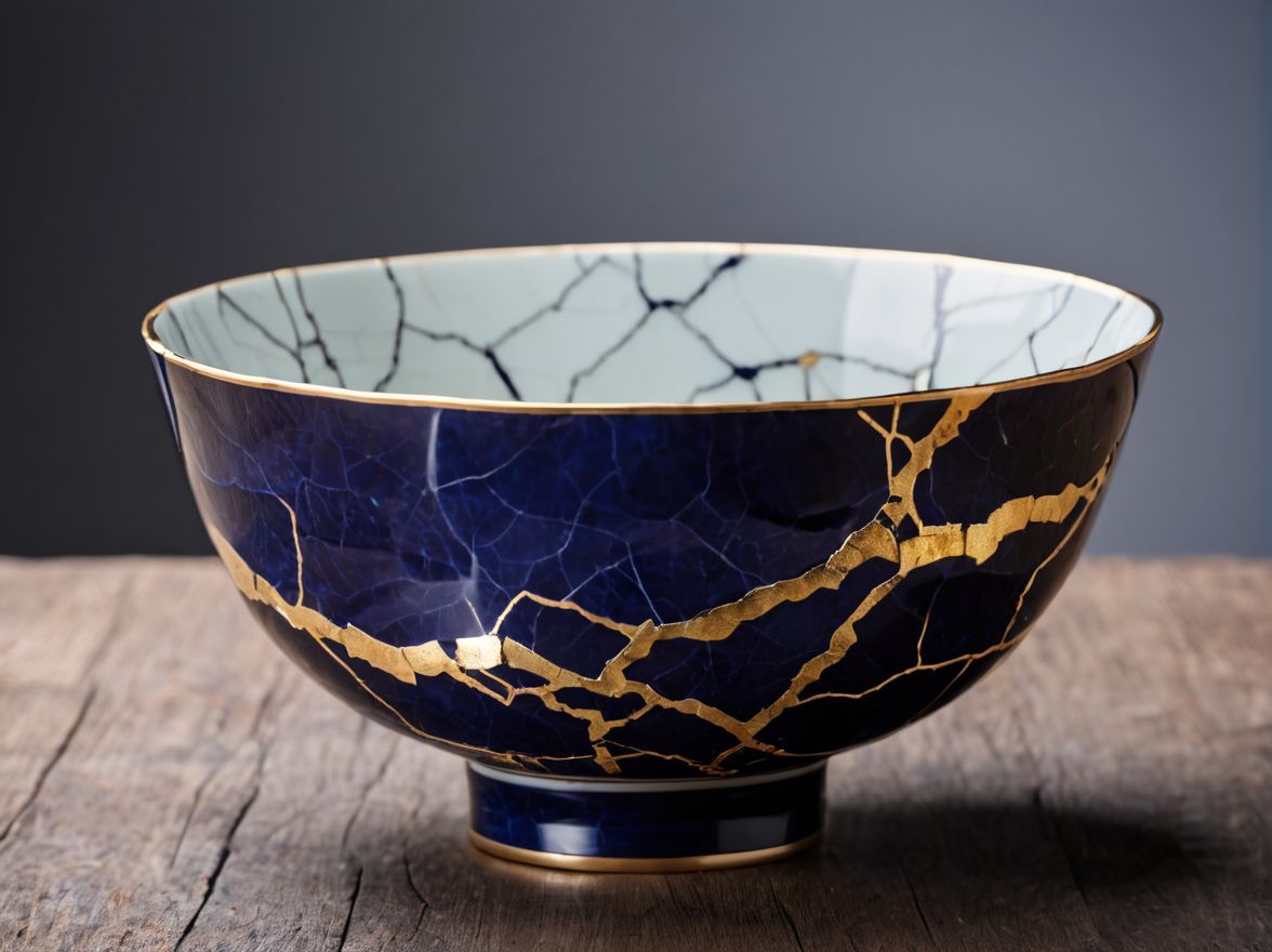 Broken pot mended with gold in the joins - kintsugi