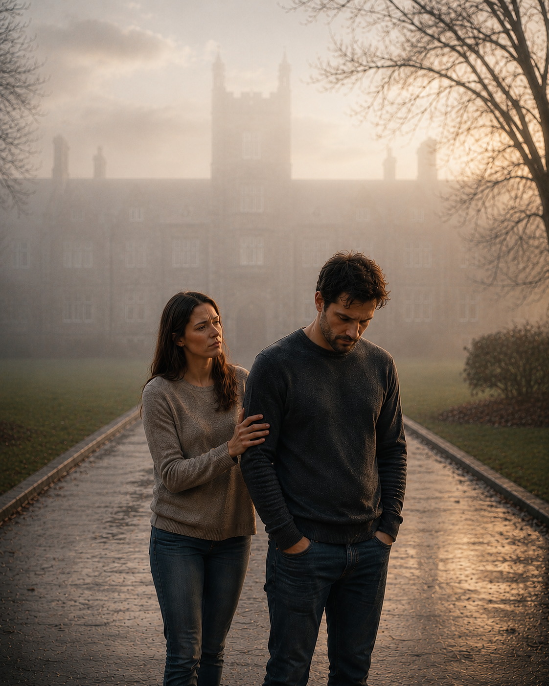 A couple standing on a wet pathway at dusk, with a faded old boarding school appearing ghost-like in the misty background. The woman gently rests her hand on the withdrawn man's arm as he looks down pensively. Soft golden light and bare trees create a quiet, emotional atmosphere.